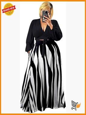 Plus Size 2 Piece Outfits Long Sleeve Crop Top Maxi Dress Matching Sets